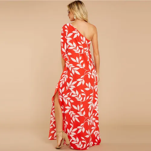 One-shoulder Floral Boho Dress Sexy Digital Print High Split Long Dresses PQ2109E