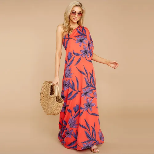 Sexy Digital Print HIgh Split Long Dresses One-shoulder Floral Boho Dress PQ2109D