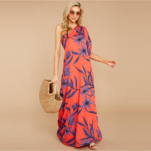 Sexy Digital Print HIgh Split Long Dresses One-shoulder Floral Boho Dress PQ2109D