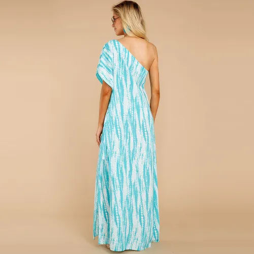 Blue Sexy One-shoulder Floral Boho Dress Digital Print Slit Sexy Dresses PQ2109B