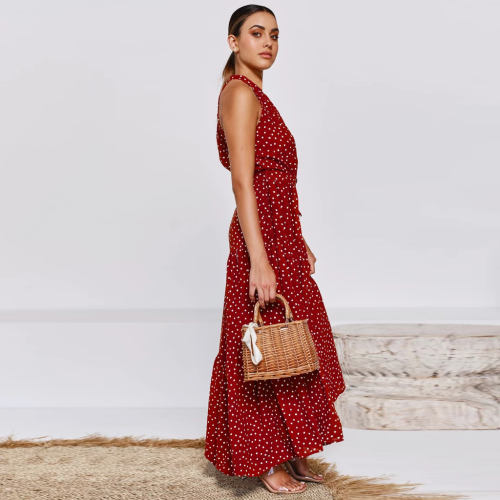 Red Summer Fashion Boho Dresses Sexy Sleeveless Polka Dot Dress PQH2032D