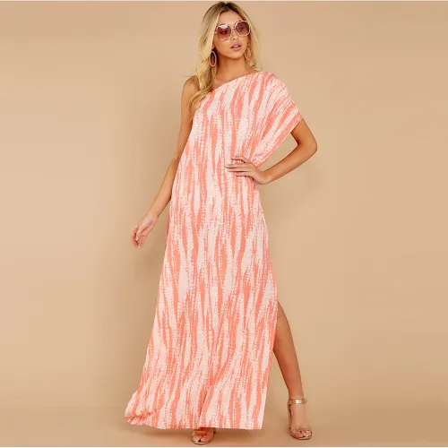 Pink Sexy One-shoulder Floral Boho Dress Digital Print Slit Sexy Dresses PQ2109A