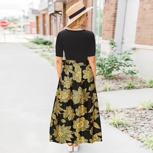 Black Long Bohemia Summer Dress V-neck Short Sleeve Printed Dress PQH2103C [OUT OF STOCK]