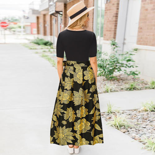 Black Long Bohemia Summer Dress V-neck Short Sleeve Printed Dress PQH2103C [OUT OF STOCK]