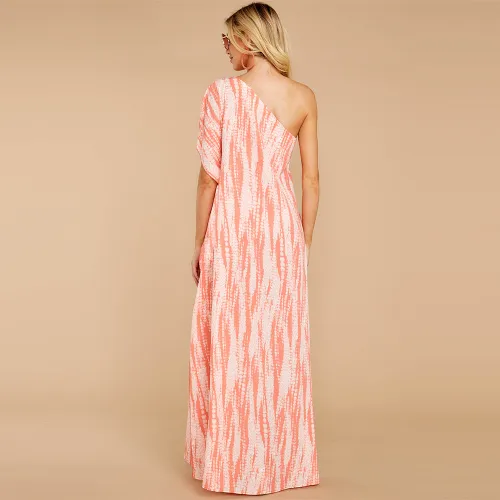 Pink Sexy One-shoulder Floral Boho Dress Digital Print Slit Sexy Dresses PQ2109A
