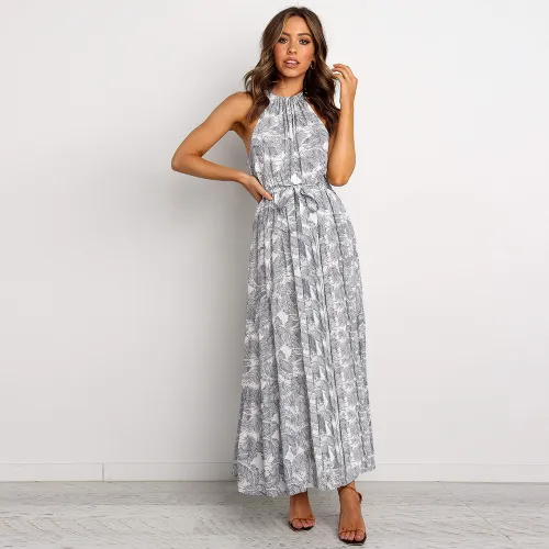 Grey Summer Fashion Printed Floral Dress Sexy Bohemian Dresses PQH2069D