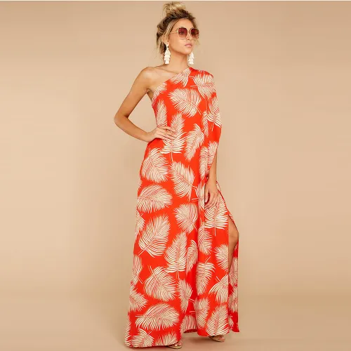 Sexy Digital Print Slit Sexy Dresses One-shoulder Floral Boho Dress PQ2109C