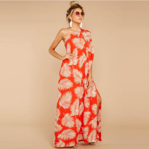 Sexy Digital Print Slit Sexy Dresses One-shoulder Floral Boho Dress PQ2109C