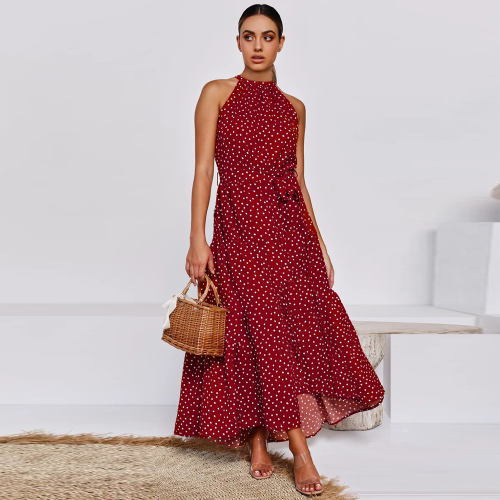 Red Summer Fashion Boho Dresses Sexy Sleeveless Polka Dot Dress PQH2032D
