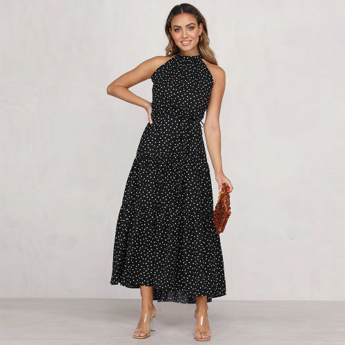Black Summer Fashion Boho Dresses Sexy Sleeveless Polka Dot Dress PQH2032B