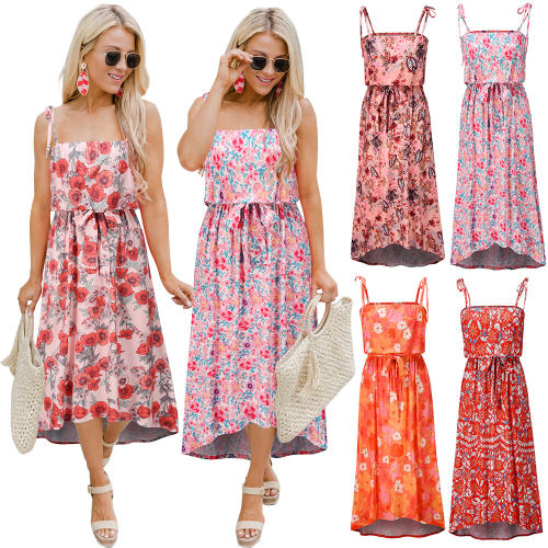 Orange Summer Midi Dresses Women Spaghetti Strap Floral Print Casual Dress PQH2085C [OUT OF STOCK]