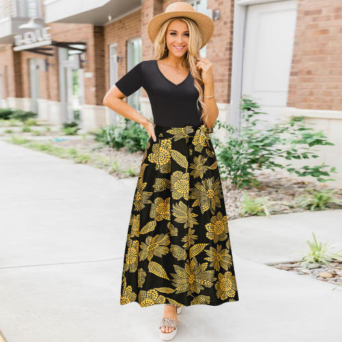Black Long Bohemia Summer Dress V-neck Short Sleeve Printed Dress PQH2103C [OUT OF STOCK]