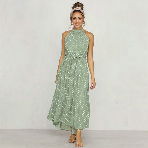 Green Summer Fashion Boho Dresses Sexy Sleeveless Polka Dot Dress PQH2032C