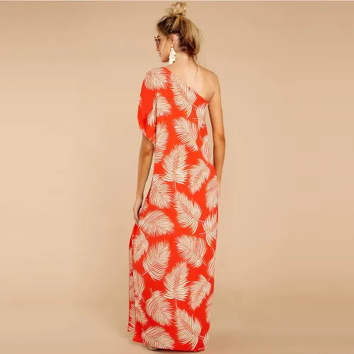 Sexy Digital Print Slit Sexy Dresses One-shoulder Floral Boho Dress PQ2109C