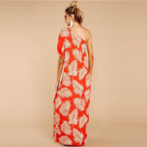 Sexy Digital Print Slit Sexy Dresses One-shoulder Floral Boho Dress PQ2109C