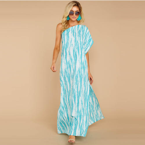 Blue Sexy One-shoulder Floral Boho Dress Digital Print Slit Sexy Dresses PQ2109B