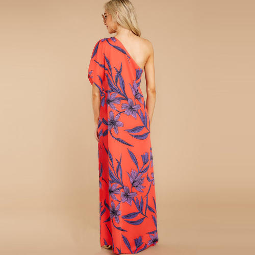 Sexy Digital Print HIgh Split Long Dresses One-shoulder Floral Boho Dress PQ2109D