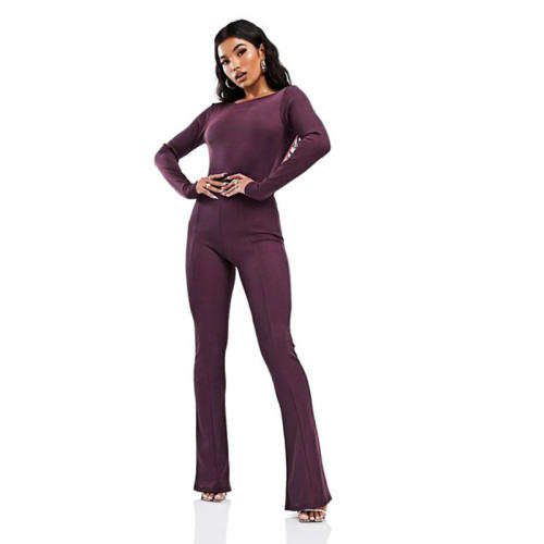 Purple Spring Round Neck Streetwear Backless Slim Jumpsuit PQ20838J