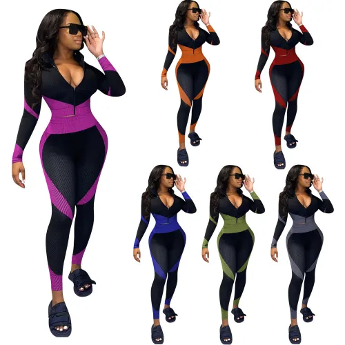 Red Contrast Color Sport Suit Women Fitness Tops with Leggings PQ8220A