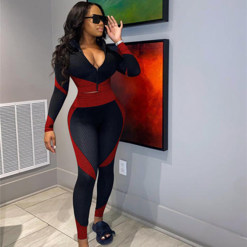 Red Contrast Color Sport Suit Women Fitness Tops with Leggings PQ8220A