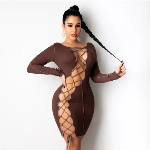 Sexy Long Sleeve Club Dress For Women Lace-up Mini Dresses PQ1289