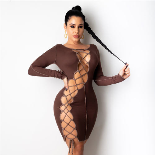 Sexy Long Sleeve Club Dress For Women Lace-up Mini Dresses PQ1289