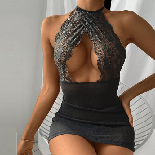 Black Lace Halter Sexy Ladies Underwear High Elastic Nightclub Uniform PQ1869B