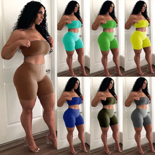 Green Leisure Sport Suits Fitness Running High Stretch Tube Tops with Shorts PQ6088A