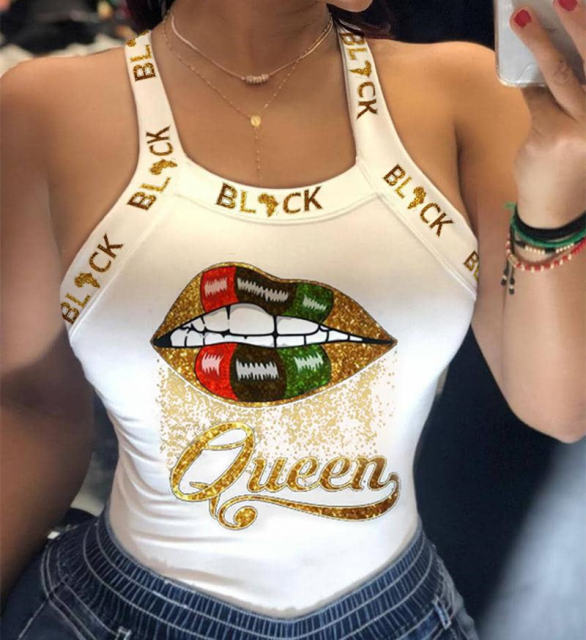 Digital Queen Print T-shirt For Women Sexy Back Bowknot Summer Vest Top PQ20805A