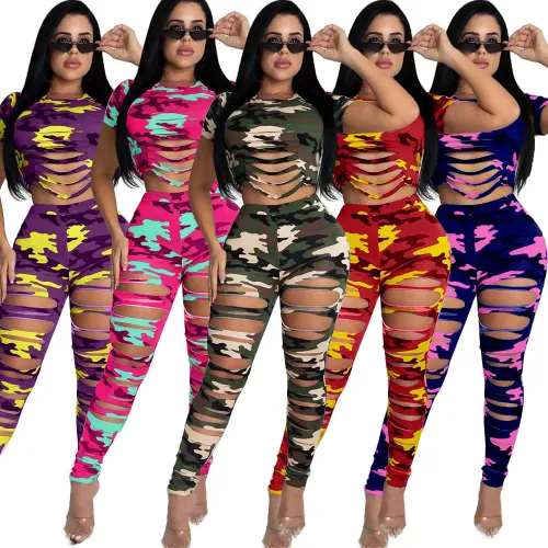 Pink Sexy Hole Camouflage Casual Suits For Women Sport Wear PQ3209A