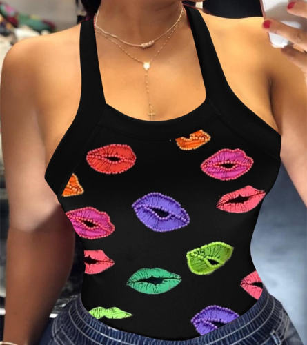 Black Lips Printed Vest For Women Sexy Back Bowknot Summer Tops PQ20805M