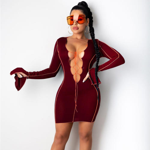 Red Sexy V-neck Lace-up Clubwear Flared Sleeve Mini Dress PQ1267A