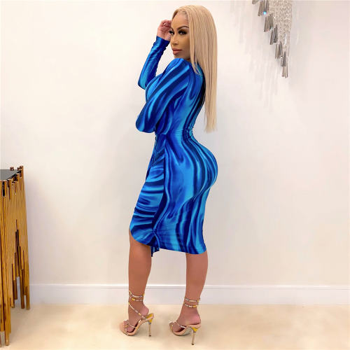 Blue Sexy Deep V-neck Clubwear For Women Print Bodycon Dresses PQ1297B