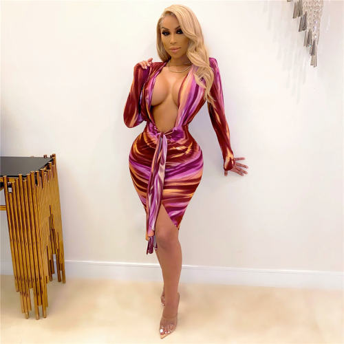 Red Sexy Deep V-neck Clubwear For Women Print Bodycon Dresses PQ1297A