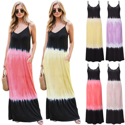 Red Gradient Color Boho Dresses Women Sleeveless Sling Maxi Dress PQLQ059D