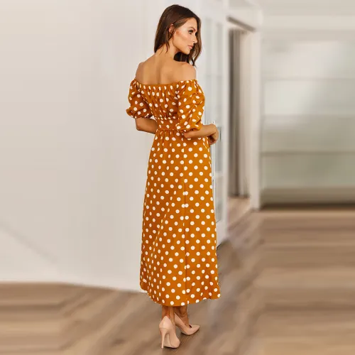 Brown Sexy Off-shoulder Midi Dresses Polka Dot Print A-line Casual Dress PQ2111B