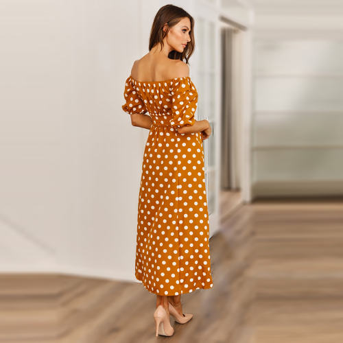Brown Sexy Off-shoulder Midi Dresses Polka Dot Print A-line Casual Dress PQ2111B
