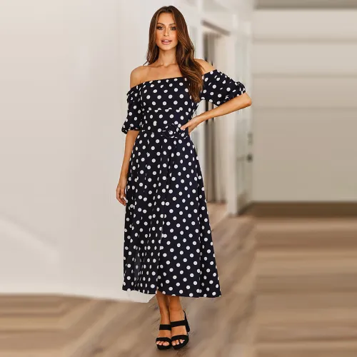 Black Sexy Off-shoulder Midi Dresses Polka Dot Print A-line Dress PQ2111A