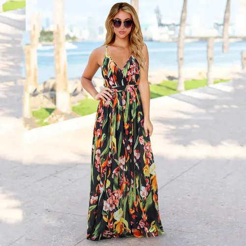 Black Sexy V-neck Boho Dress Floral Print Summer Maxi Dress PQLQ053A