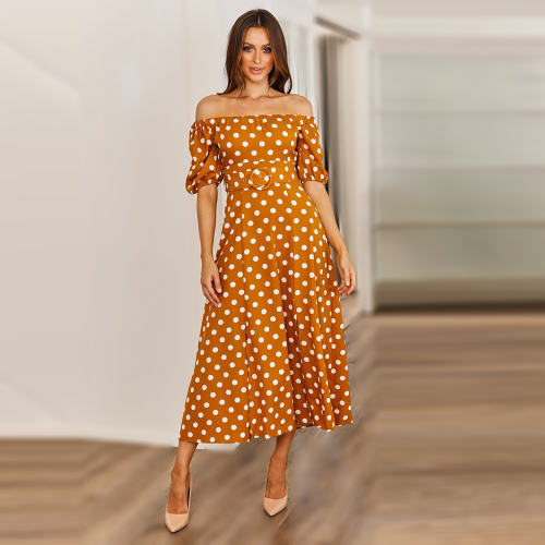 Brown Sexy Off-shoulder Midi Dresses Polka Dot Print A-line Casual Dress PQ2111B