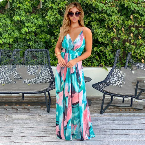 Pink Floral Print Maxi Dress Sexy V-neck Summer Boho Dress PQLQ053D