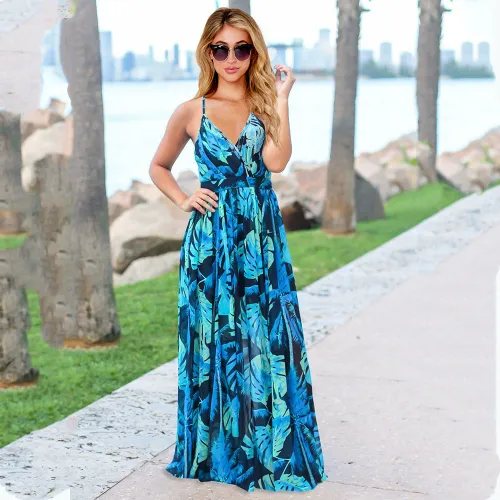 Blue Sexy V-neck Boho Dress Floral Print Summer Maxi Dress PQLQ053B