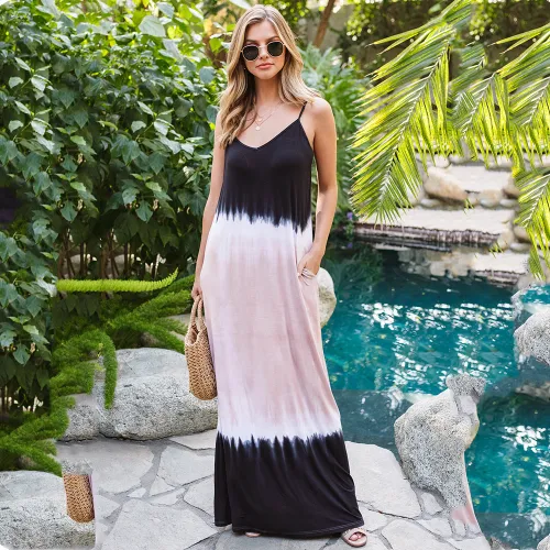 Khaki Gradient Color Boho Dresses Women Sleeveless Sling Maxi Dress PQLQ059B