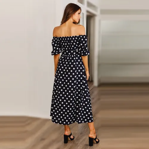 Black Sexy Off-shoulder Midi Dresses Polka Dot Print A-line Dress PQ2111A