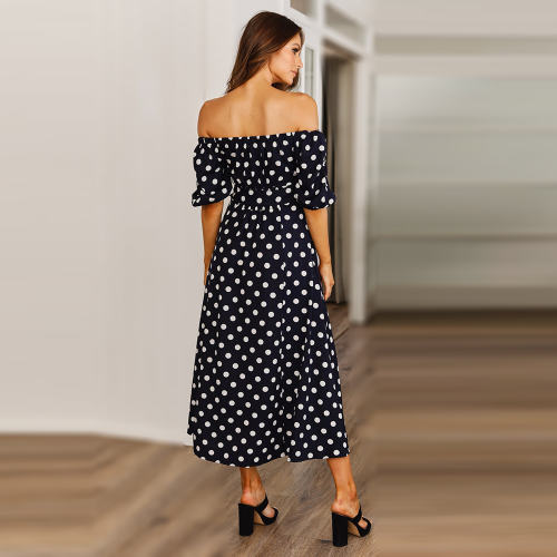 Black Sexy Off-shoulder Midi Dresses Polka Dot Print A-line Dress PQ2111A