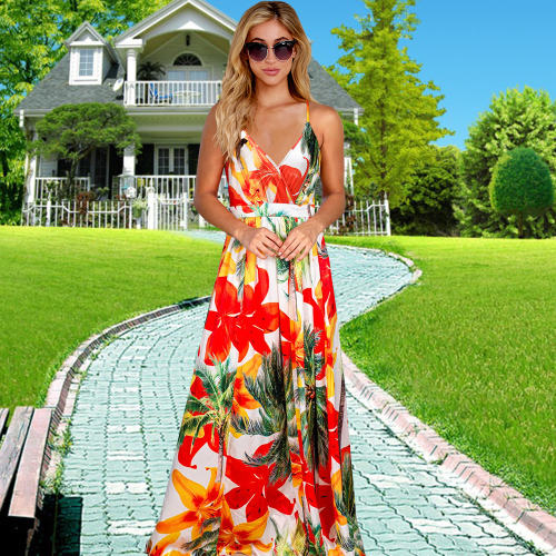 Red Floral Print Maxi Dress Sexy V-neck Summer Boho Dress PQLQ053G
