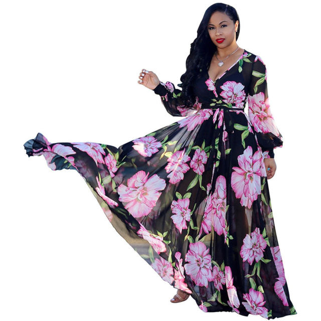 Fashion Floral Print Summer Beach Dress Chiffon Big Swing Maxi Dress PQ2211