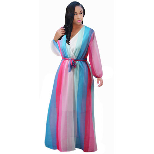 Women Summer Maxi Dress Fashion Stripe Printing Chiffon Dress PQ2248