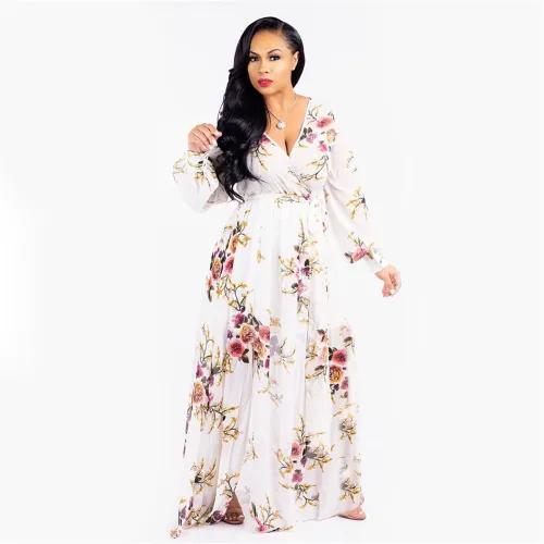 Fashion Big Swing Floral Print Maxi Dress Chiffon Summer Beach Dress PQ2216