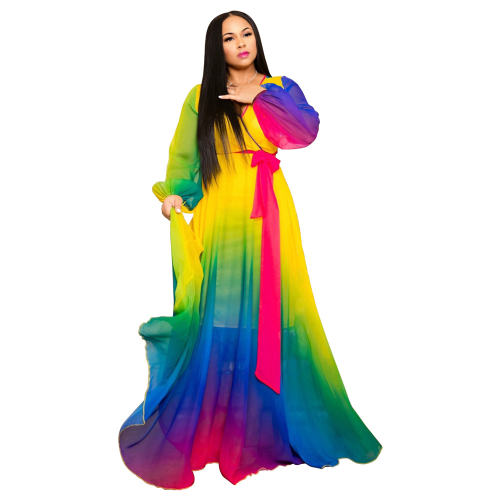 Women Summer Fashion Maxi Dress Floral Printed Chiffon Dress PQ3302